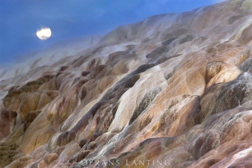Moonrise over mineral terraces, Yellowstone National Park, Wyoming