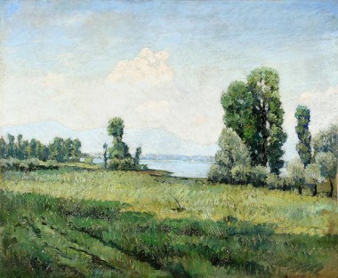 GIGI COMOLLI Il lago dai prati, 1935 circa back GIGI COMOLLI GIGI COMOLLI (Milano 1893 ~ 1976) Il lago dai prati, 1935 circa Olio su tela, cm 74x90   Firmato in basso a destra GG Comolli